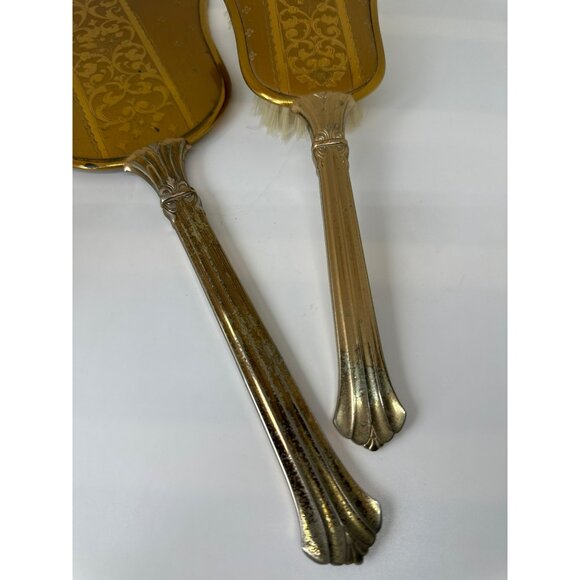 VTG Handheld Vanity Mirror & Brush Set Gold-Toned Floral Ornate Design Hollywood - Picture 4 of 7